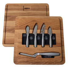 Carica l'immagine nel visualizzatore di Gallery, Cofanetto 5 coltelli formaggio Monaco inox + tagliere doppio BOSKA