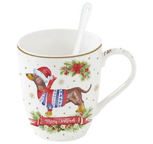 Carica l'immagine nel visualizzatore di Gallery, Tazza porcellana con cucchiaio e sottobicchiere Christmas Dogs Bassotto