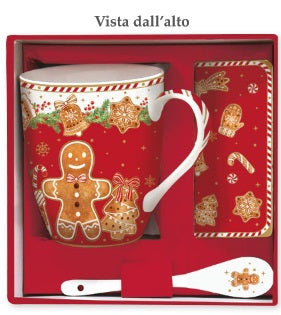 Tazza e cucchiaino in porcellana con sottobicchiere in colour box Fancy Gingerbread