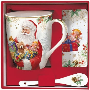 Set Tazza con cucchiaino in porcellana e sottobicchiere collezione Santa Is Coming