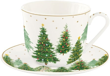 Tazza in porcellana da colazione 400 ml con piatto Festive Trees - Prezzo Outlet