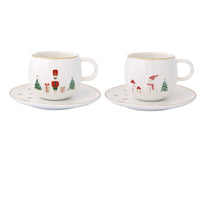 Carica l&#39;immagine nel visualizzatore di Gallery, Set 2 tazzine da caffè con piattino in porcellana nutcracker e pupazzo di neve con scatola regalo LET IT SNOW
