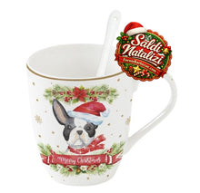 Carica l'immagine nel visualizzatore di Gallery, Tazza porcellana con cucchiaio e sottobicchiere Christmas Dogs Bulldog
