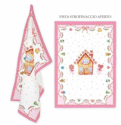 Strofinaccio rosa e bianco con casa di pan di zenzero SWEET CHRISTMAS