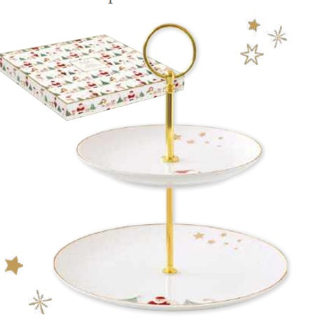 Alzata servi pasticcini 2 piani in porcellana con decoro a rilievo LET IT SNOW