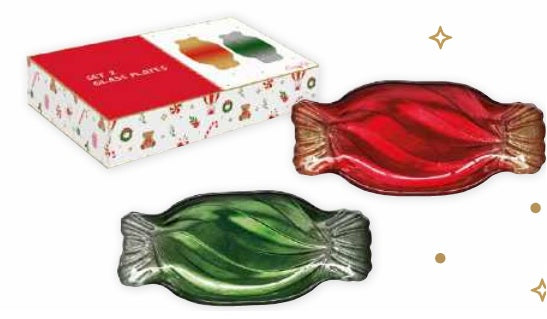 Set 2 piattini caramella rosso verde in vetro SWEET CHRISTMAS