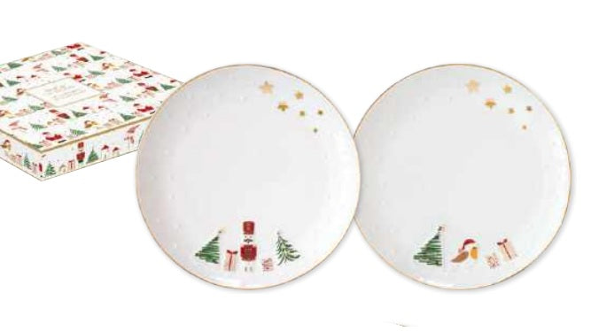 Set 2 piattini dessert in porcellana con decoro a rilievo nutcracker e uccellino LET IT SNOW