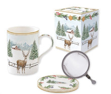 Carica l&#39;immagine nel visualizzatore di Gallery, Tazza in porcellana con infusiera in metallo e coperchio in scatola regalo White Forest
