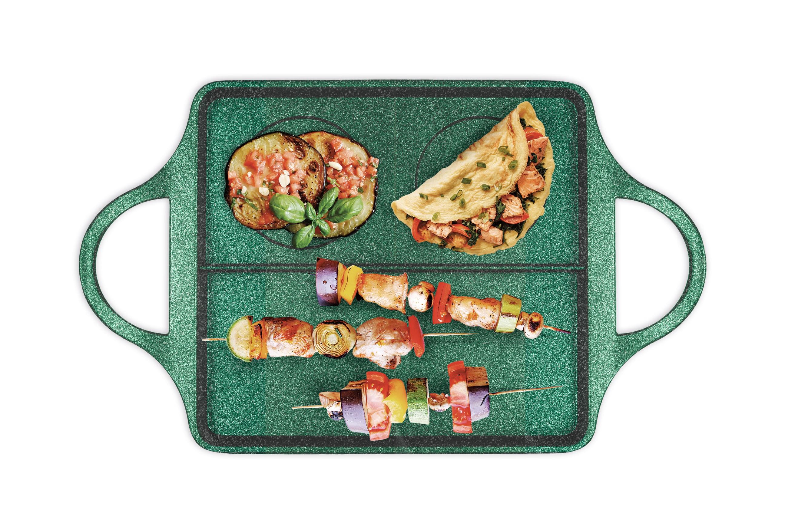 Piastra DR. GREEN BB Burger Risoli', 40x24 Cm, 3 Aree Di Cottura In Alluminio Antiaderente Ecologico - Made In Italy