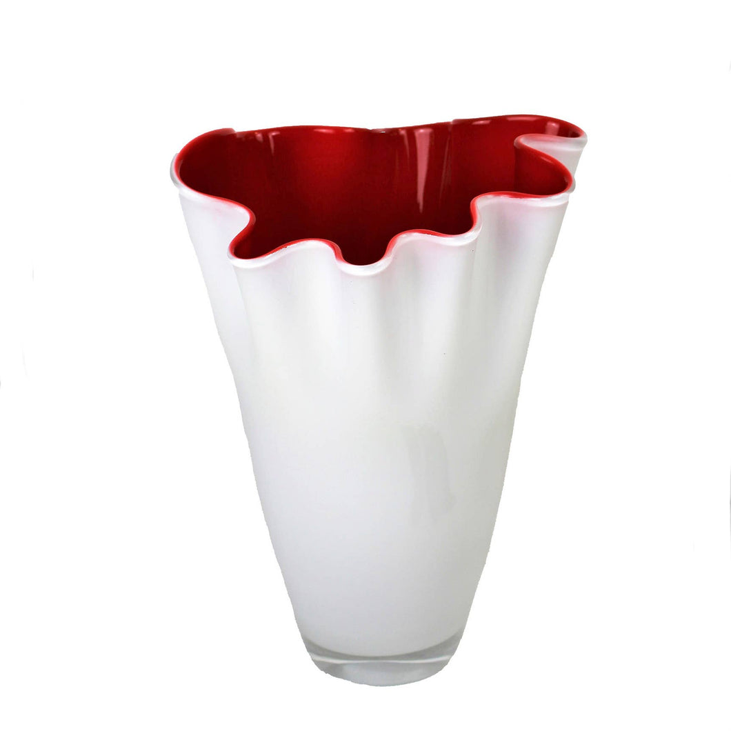 Vaso fiori in vetro a fazzoletto soffiato a mano bicolore bianco/rosso