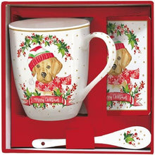 Carica l&#39;immagine nel visualizzatore di Gallery, Tazza porcellana con cucchiaio e sottobicchiere Christmas Dogs Bulldog
