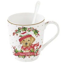 Carica l&#39;immagine nel visualizzatore di Gallery, Tazza porcellana con cucchiaio e sottobicchiere Christmas Dogs Labrador
