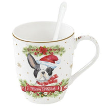 Carica l&#39;immagine nel visualizzatore di Gallery, Tazza porcellana con cucchiaio e sottobicchiere Christmas Dogs Bulldog
