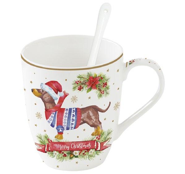 Tazza porcellana con cucchiaio e sottobicchiere Christmas Dogs Bassotto