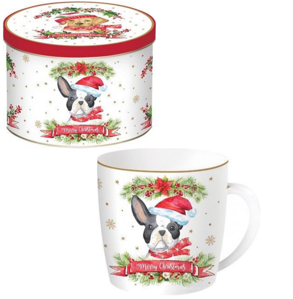 Tazza porcellana in scatola di metallo Xmas Dogs Bulldog